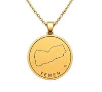 Collana con ciondolo a forma di mappa dello Yemen in argento sterling 925 per uomo e donna, placcata oro, rotonda da 30 mm, con contorno del paese inciso, con catena a maglia da 45 cm |LKN_MAP_01074
