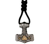 Collana con ciondolo a forma di martello di Thor, in argento Sterling 925, due tonalità, con quattro elementi, mitologia norrena, gioiello per uomo e donna, cordoncino nero e catena, Medium, Ottone