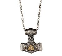Collana con ciondolo a forma di martello di Thor, in argento Sterling 925, due tonalità, con quattro elementi, mitologia norrena, gioiello per uomo e donna, cordoncino nero e catena, Medium, Ottone