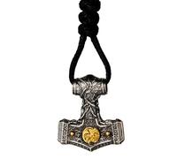 Collana con ciondolo a forma di martello di Thor, in argento Sterling 925, due tonalità, con quattro elementi, mitologia norrena, gioiello per uomo e donna, cordoncino nero e catena, Medium, Ottone