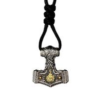 Collana con ciondolo a forma di martello di Thor, in argento Sterling 925, due tonalità, con quattro elementi, mitologia norrena, gioiello per uomo e donna, cordoncino nero e catena, Medium, Ottone