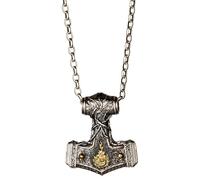 Collana con ciondolo a forma di martello di Thor, in argento Sterling 925, due tonalità, con quattro elementi, mitologia norrena, gioiello per uomo e donna, cordoncino nero e catena, Medium, Ottone