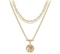 Collana con ciondolo a forma di moneta in stile vintage, in ottone placcato oro 18 carati, a doppio filo, lunghezza regolabile da 47 cm, gioiello da donna alla moda, ottone, senza pietre preziose