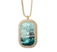 Collana con ciondolo a forma di onda d'acqua oceanica, con immagine di scienza e natura, gioiello dorato