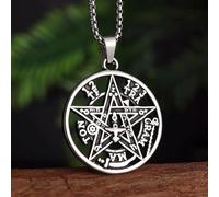 Collana con ciondolo a forma di pentagramma, stile punk retrò, stile ebraico, con quattro parole, in acciaio inox, da uomo e da donna