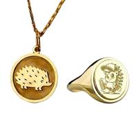 Collana con ciondolo a forma di riccio e anello con sigillo | LK_PCOM_0299 | Ciondolo in argento sterling 925, misura 24 mm, placcato oro, con ciondolo a forma di animale, set di gioielli significativi
