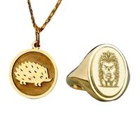 Collana con ciondolo a forma di riccio e anello con sigillo| LK_PCOM_0482 | Ciondolo in argento sterling 925, misura 24 mm, placcato oro, con ciondolo a forma di animale, set di gioielli significativi