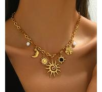 Collana con ciondolo a forma di sole e luna con pietre preziose, placcata in oro 18k e in acciaio inossidabile, per l'uso e come regalo per le festività