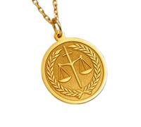 Collana con ciondolo a forma rotonda con simbolo della legge in rilievo, realizzata in argento sterling 925 con placcatura in oro, catena a maglia da 45 cm. Ciondolo unisex fatto a mano |LK_EMBO_00443