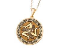 Collana con ciondolo a forma rotonda con simbolo della Sicilia in rilievo, realizzata in argento sterling 925 con placcatura in oro, catena a maglia da 45 cm. Ciondolo unisex fatto |LK_EMBO_00250