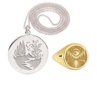Collana con ciondolo a paesaggio naturale e anello con sigillo|LK_PCOM_0499 | Ciondolo in argento sterling 925, misura 24 mm, ciondolo "Foresta Serena" placcato argento e oro, set di