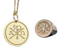 Collana con ciondolo a simbolo Chi Rho e anello con sigillo |LK_PCOM_0086 | Ciondolo in argento sterling 925, misura 24 mm, con emblema Alpha Omega placcato argento e oro, set di .