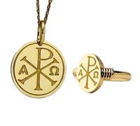 Collana con ciondolo a simbolo Chi Rho e anello con sigillo |LK_PCOM_0326 | Ciondolo in argento sterling 925, misura 24 mm, placcato oro, con emblema Alpha Omega. Set di gioielli significativi.