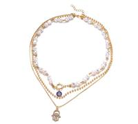 Collana con ciondolo a strati con occhio di malocchio e Hamsa da donna, collana impilabile con perle e tonalità oro, gioielli di protezione fortunati per l'uso quotidiano