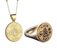 Collana con ciondolo Amor Fati e fiamma e anello con sigillo |LK_PCOM_0192 | Ciondolo in argento sterling 925, misura 24 mm, placcato argento e oro, con scritta "Ama il tuo destino", set di .