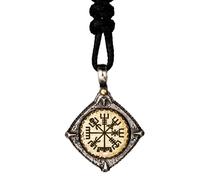 Collana con ciondolo bussola vichinga vegvisir in argento sterling 925 bicolore per uomo donna design nordico cordino nero