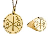 Collana con ciondolo Chi Rho Alpha Omega e anello con sigillo |LK_PCOM_0436 | Ciondolo in argento sterling 925, misura 24 mm, placcato oro, con emblema Alpha Omega. Set di gioielli significativi.