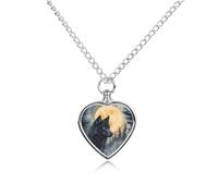 Collana con ciondolo commemorativo a forma di lupo nero a forma di cuore con luna piena, per ceneri