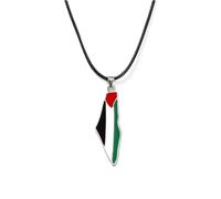 Collana Con Ciondolo Con Mappa Della Palestina, Realizzata Con Lavorazione Smaltata E Con Retro Liscio. La Catena È Realizzata In Corda Di Cuoio E Non Può Essere Regolata. È Adatto Per Chi Indos