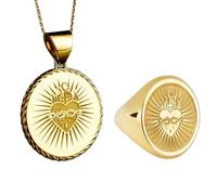 Collana con ciondolo Cuore di Cristo e anello con sigillo |LK_PCOM_0240 | Ciondolo in argento sterling 925, misura 24 mm, placcato oro, con croce cristiana, set di gioielli significativi