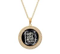 Collana con ciondolo da donna "L'amore di Dio non viene mai meno", in oro e argento, con immagine e ciondolo a cerchio.