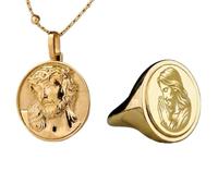Collana con ciondolo di Gesù Cristo e anello con sigillo| LK_PCOM_0343 | Ciondolo in argento sterling 925, misura 24 mm, placcato oro, ciondolo cristiano, set di gioielli significativi