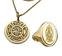 Collana con ciondolo e anello con sigillo dei Vigili del Fuoco|LK_PCOM_0076 | Ciondolo in argento sterling 925, misura 24 mm, placcato oro, con simbolo di valore da pompiere, set di