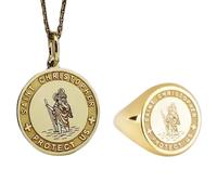 Collana con ciondolo e anello con sigillo di San Cristoforo |LK_PCOM_0298 | Ciondolo in argento sterling 925, misura 24 mm, placcato oro, con scritta "US Protect Charm", set di gioielli significativi.