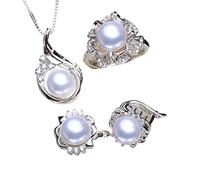 Collana con Ciondolo in Argento Sterling 925 Set di Gioielli con Perle Naturali per Le Donne Orecchini A Bottone Bohémien con Anelli per Feste con Pietre