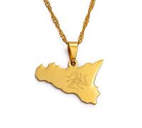 Collana Con Ciondolo Mappa Italia Sicilia - Contorno Paese Italiano Gioielli Hip-Hop, Fascino Moda Sicilia Lucidatura Catena Etnica, Regali Patriottici Per Donna/Ragazza/Uomo Unisex,Oro,17,71 Pol