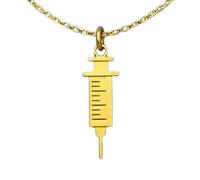 Collana con ciondolo minimalista a forma di siringa in argento sterling 925, dalla forma particolare, con catena a maglia da 45 cm e ciondolo placcato oro. Un gioiello significativo |LKD_3DM_00385