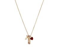 Collana con ciondolo multi-charm con fiocco, cuore rosso e perle cilindriche, gioiello delicato color oro
