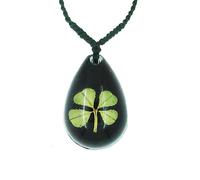Collana con ciondolo nero portafortuna celtico, con vero quadrifoglio portafortuna, completo di scatola regalo