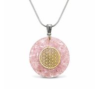 Collana con ciondolo orgone quarzo rosa fiore della vita disco EMF 40 mm...
