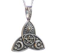 Collana con ciondolo pentacolo Triquetra sole luna e stelle in argento...