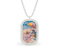 Collana con ciondolo rettangolare con scheletro che si rilassa su asciugamani da spiaggia colorati in argento gioielli da donna in lega portachiavi