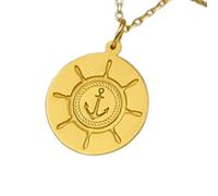 Collana con ciondolo rotondo a forma di timone di nave, realizzata in argento sterling 925 placcato oro, con catena a maglia fine da 45 cm. Gioielli fatti a mano per uomo e donna |LKD_EGP_00036