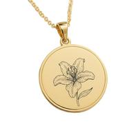 Collana con ciondolo rotondo inciso a forma di giglio, realizzata in argento sterling 925 placcato oro, con catena a maglia fine da 45 cm. Gioielli fatti a mano per uomo e donna |LKD_EGP_00882