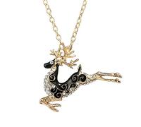 Collana con ciondolo smaltato a forma di renna natalizia, da donna, lunga catena con strass, decorazione dorata, pratica e professionale