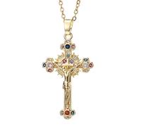 Collana con croce di Gesù, ciondolo vintage a forma di crocifisso con | Catena regolabile da 15,75 a 45 cm, design ritratto dettagliato, pietre scintillanti colorate, ciondolo da 3,71 cm