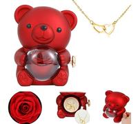 Collana con cuore inciso, con scatola regalo con vera rosa orso, set regalo con rose conservate, scatola portagioie con orsetto di rose eterne, regalo per donne (rosso)