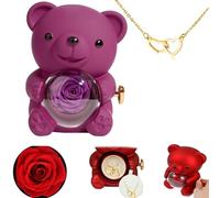 Collana con cuore inciso, con scatola regalo con vera rosa orso, set regalo con rose conservate, scatola portagioie con orsetto di rose eterne, regalo per donne (viola)
