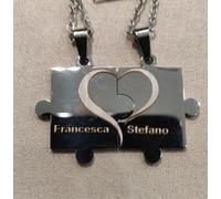 Collana con doppio ciondolo puzzle in acciaio personalizzabile , amore