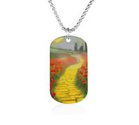Collana con immagine personalizzata, gioiello commemorativo regalo per | Collana con immagine di strada di mattoni gialli con campo di papaveri, targhetta per cani con testo fotografico