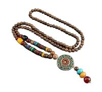 Collana con marchio Thangkafo, pendenti portafortuna, collana con catena for maglione in perline di legno Thangka in stile esotico retrò, collana lunga in stile cinese for uomo e donna, accessori for