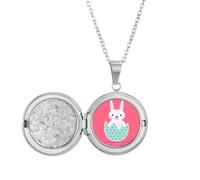 Collana con medaglione illustrativo a forma di coniglietto con uovo e scritta "Happy Easter's Day" (lingua italiana non garantita)