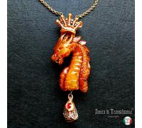 Collana con Pendaglio Amuleto Gioiello Talismano Drago Dragone Corona Oro Giada