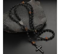 Collana Con Pendente A Croce In Lega Di Pietra Con Occhio Di Tigre E Pietra Vulcanica Con Perline Nere In Stile Vintage 1pc, Adatta Per L'abbigliamento Quotidiano Da Uomo Tagli UnicaPietra