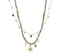 Collana con perline vintage, pietra verde turchese con ciondoli a forma di luna e stelle dorate, girocollo a catena a strati retrò, ciondolo in stile bohémien