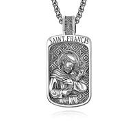 Collana con San Francesco in argento Sterling 925, gioiello cattolico, amuleto, regalo religioso, ciondolo a forma di Gesù, da uomo, con catena di perle in acciaio inox, lunghezza 55,5 cm + 5,5 cm